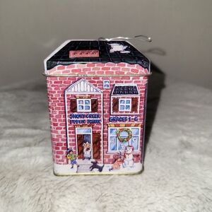 Vtg Tiny Tin Box, Brick School House, Christmas Themed Ornament